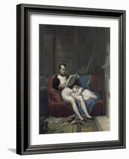Le roi de Rome endormi sur les genoux de son père dans son cabinet de travail des Tuileries.-null-Framed Giclee Print