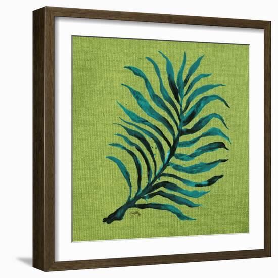 Leaf on Green Burlap-Elizabeth Medley-Framed Art Print