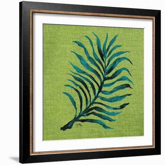 Leaf on Green Burlap-Elizabeth Medley-Framed Art Print