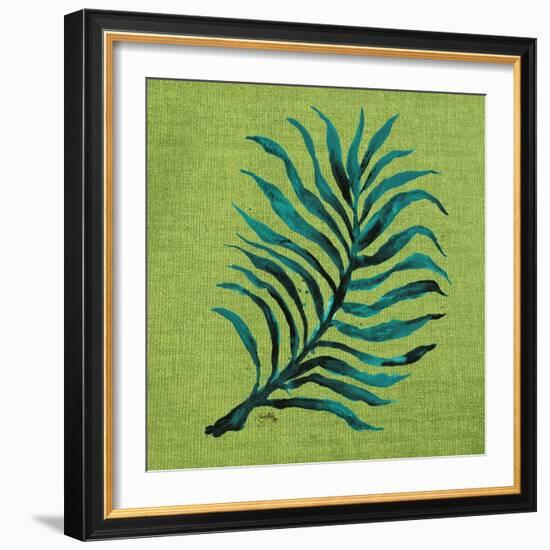 Leaf on Green Burlap-Elizabeth Medley-Framed Art Print