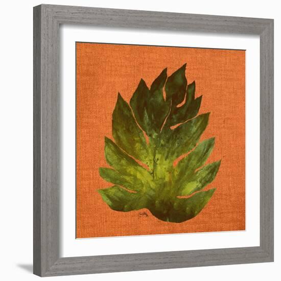 Leaf on Teal Burlap-Elizabeth Medley-Framed Art Print