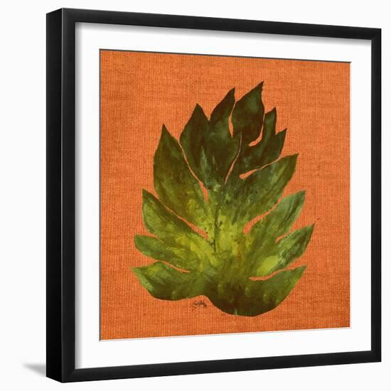 Leaf on Teal Burlap-Elizabeth Medley-Framed Art Print