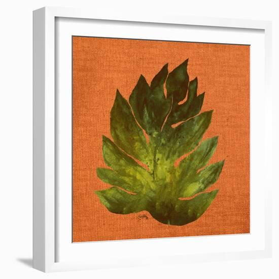 Leaf on Teal Burlap-Elizabeth Medley-Framed Art Print