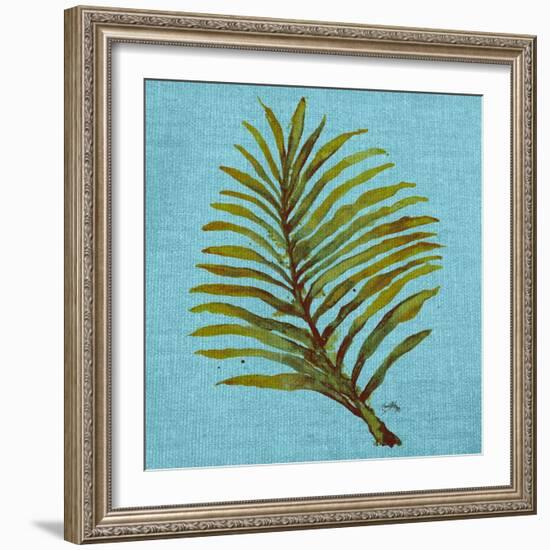 Leaf on Teal Burlap-Elizabeth Medley-Framed Art Print