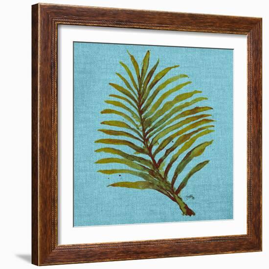 Leaf on Teal Burlap-Elizabeth Medley-Framed Art Print