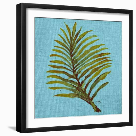 Leaf on Teal Burlap-Elizabeth Medley-Framed Art Print