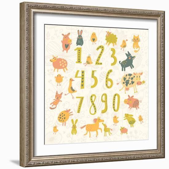 Learn to Count. All Numbers and Funny Cartoon Animals: Cat, Dog, Cow, Horse, Rabbit and Others in C-smilewithjul-Framed Art Print