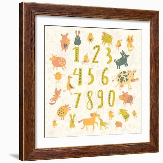 Learn to Count. All Numbers and Funny Cartoon Animals: Cat, Dog, Cow, Horse, Rabbit and Others in C-smilewithjul-Framed Art Print