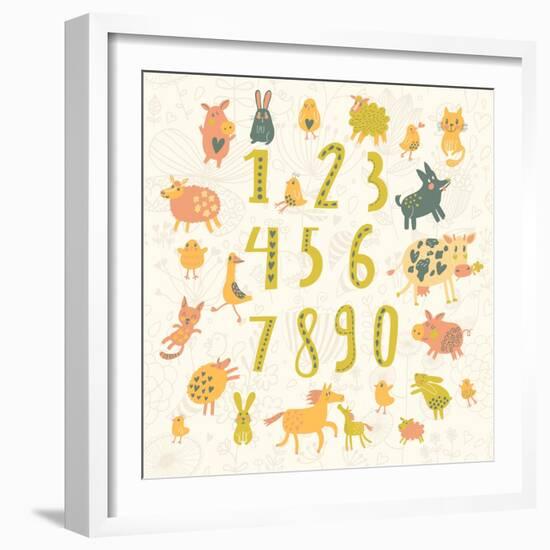 Learn to Count. All Numbers and Funny Cartoon Animals: Cat, Dog, Cow, Horse, Rabbit and Others in C-smilewithjul-Framed Art Print