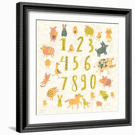 Learn to Count. All Numbers and Funny Cartoon Animals: Cat, Dog, Cow, Horse, Rabbit and Others in C-smilewithjul-Framed Art Print