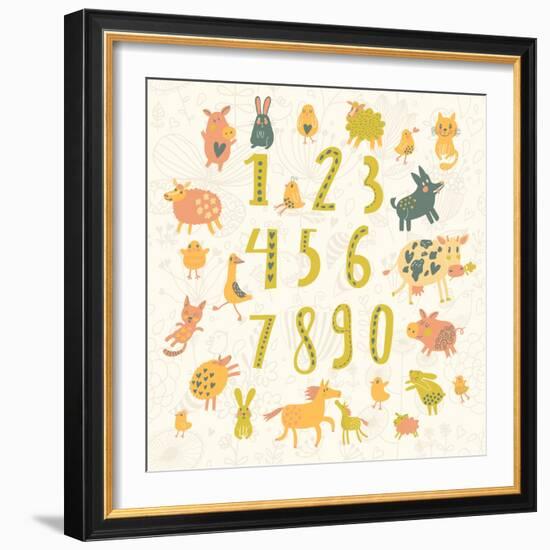 Learn to Count. All Numbers and Funny Cartoon Animals: Cat, Dog, Cow, Horse, Rabbit and Others in C-smilewithjul-Framed Art Print