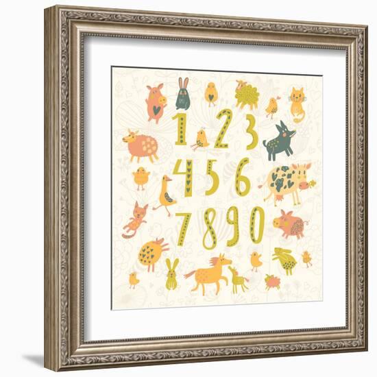 Learn to Count. All Numbers and Funny Cartoon Animals: Cat, Dog, Cow, Horse, Rabbit and Others in C-smilewithjul-Framed Art Print