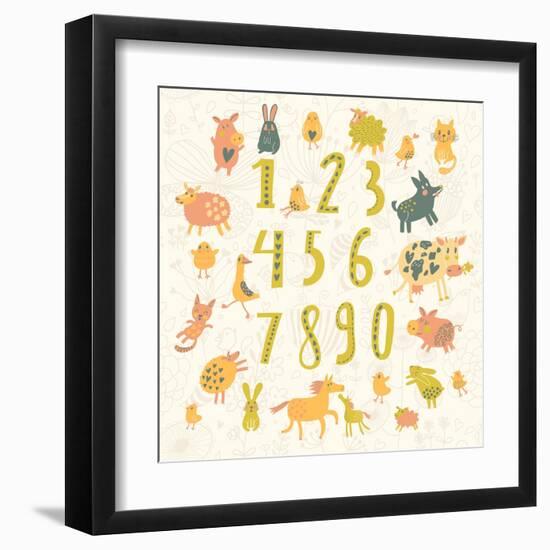 Learn to Count. All Numbers and Funny Cartoon Animals: Cat, Dog, Cow, Horse, Rabbit and Others in C-smilewithjul-Framed Art Print