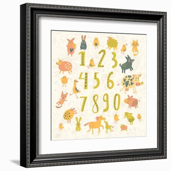 Learn to Count. All Numbers and Funny Cartoon Animals: Cat, Dog, Cow, Horse, Rabbit and Others in C-smilewithjul-Framed Art Print