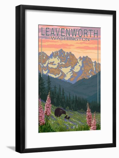 Leavenworth, Washington - Bears and Spring Flowers-Lantern Press-Framed Art Print