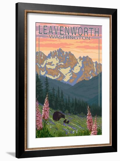 Leavenworth, Washington - Bears and Spring Flowers-Lantern Press-Framed Art Print