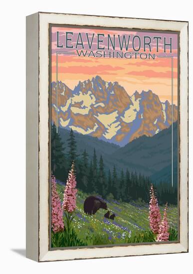 Leavenworth, Washington - Bears and Spring Flowers-Lantern Press-Framed Stretched Canvas