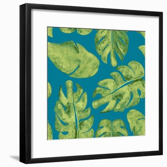 Leaves On Teal-Kat Papa-Framed Art Print