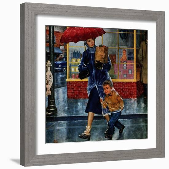 "Leaving Grocery in Rain", April 24, 1954-Amos Sewell-Framed Giclee Print