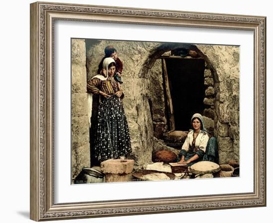 Lebanese Women Making Bread in Front of their House, C.1880-1900-null-Framed Photographic Print