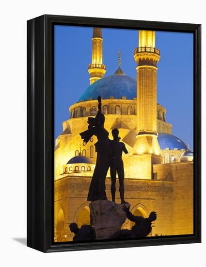 Lebanon, Beirut, Statue in Martyr's Square and Mohammed Al-Amin Mosque at Dusk-Nick Ledger-Framed Premier Image Canvas