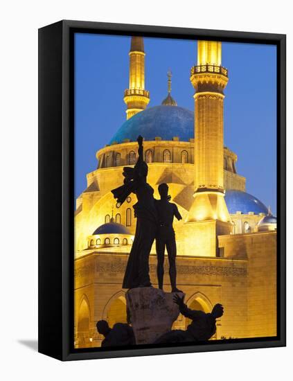 Lebanon, Beirut, Statue in Martyr's Square and Mohammed Al-Amin Mosque at Dusk-Nick Ledger-Framed Premier Image Canvas