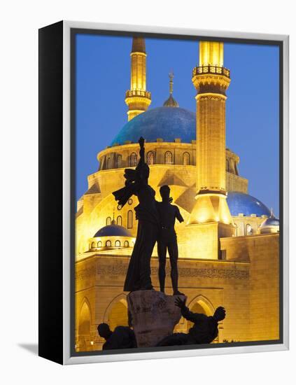 Lebanon, Beirut, Statue in Martyr's Square and Mohammed Al-Amin Mosque at Dusk-Nick Ledger-Framed Premier Image Canvas