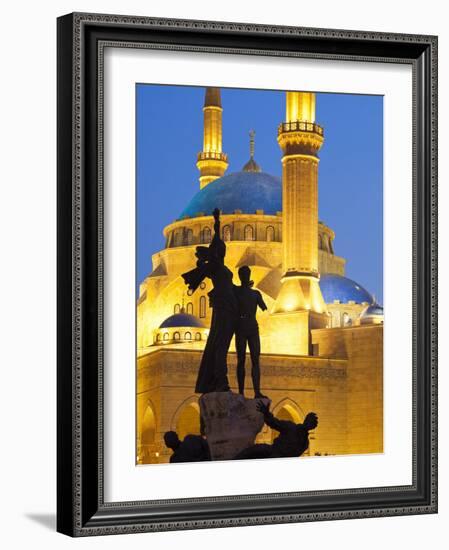 Lebanon, Beirut, Statue in Martyr's Square and Mohammed Al-Amin Mosque at Dusk-Nick Ledger-Framed Photographic Print