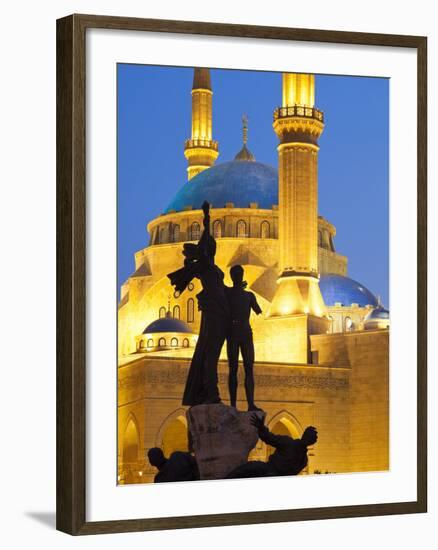 Lebanon, Beirut, Statue in Martyr's Square and Mohammed Al-Amin Mosque at Dusk-Nick Ledger-Framed Photographic Print