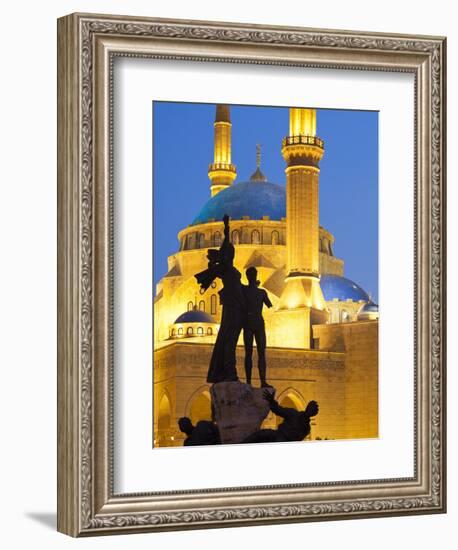 Lebanon, Beirut, Statue in Martyr's Square and Mohammed Al-Amin Mosque at Dusk-Nick Ledger-Framed Photographic Print