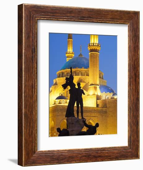 Lebanon, Beirut, Statue in Martyr's Square and Mohammed Al-Amin Mosque at Dusk-Nick Ledger-Framed Photographic Print