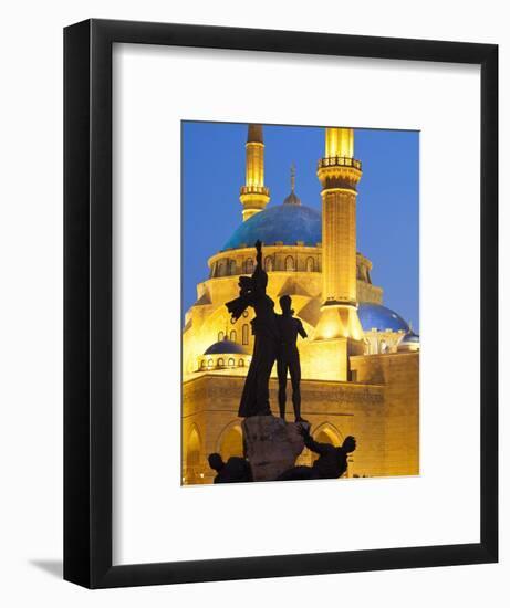 Lebanon, Beirut, Statue in Martyr's Square and Mohammed Al-Amin Mosque at Dusk-Nick Ledger-Framed Photographic Print
