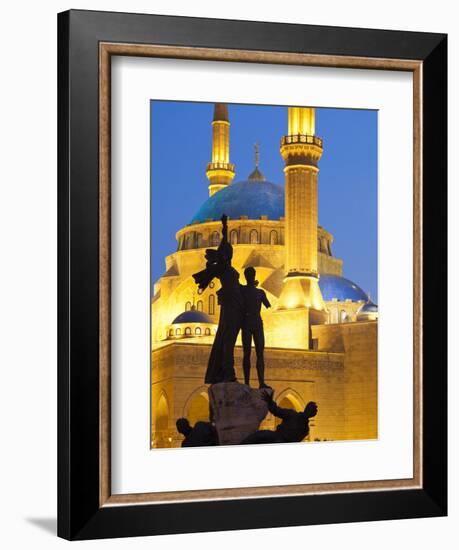 Lebanon, Beirut, Statue in Martyr's Square and Mohammed Al-Amin Mosque at Dusk-Nick Ledger-Framed Photographic Print