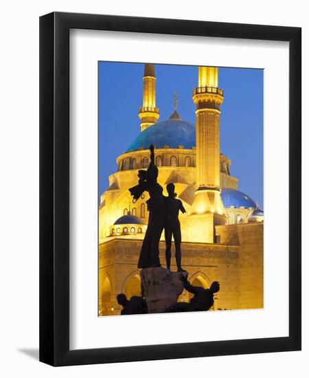 Lebanon, Beirut, Statue in Martyr's Square and Mohammed Al-Amin Mosque at Dusk-Nick Ledger-Framed Photographic Print