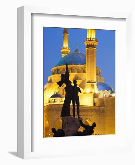 Lebanon, Beirut, Statue in Martyr's Square and Mohammed Al-Amin Mosque at Dusk-Nick Ledger-Framed Photographic Print