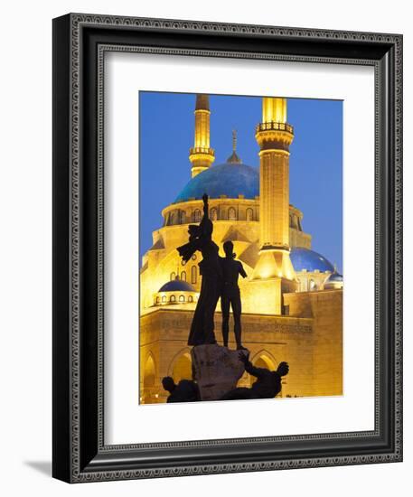 Lebanon, Beirut, Statue in Martyr's Square and Mohammed Al-Amin Mosque at Dusk-Nick Ledger-Framed Photographic Print
