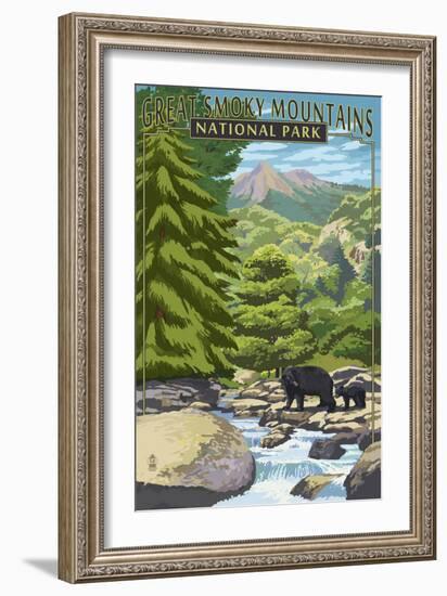 Leconte Creek and Bear Family - Great Smoky Mountains National Park, TN-Lantern Press-Framed Premium Giclee Print