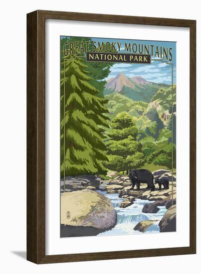 Leconte Creek and Bear Family - Great Smoky Mountains National Park, TN-Lantern Press-Framed Premium Giclee Print