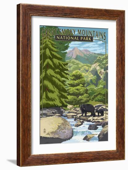 Leconte Creek and Bear Family - Great Smoky Mountains National Park, TN-Lantern Press-Framed Premium Giclee Print
