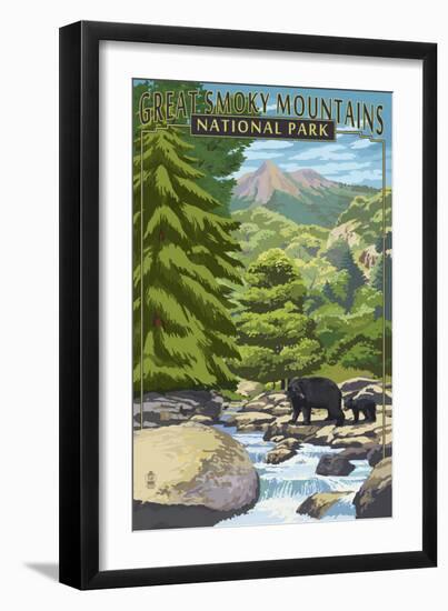 Leconte Creek and Bear Family - Great Smoky Mountains National Park, TN-Lantern Press-Framed Premium Giclee Print