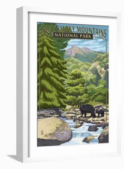 Leconte Creek and Bear Family - Great Smoky Mountains National Park, TN-Lantern Press-Framed Premium Giclee Print