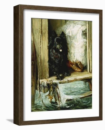 Left in Charge - a Black Pomerain on the Steps of a Bathing Machine-Philip Eustace Stretton-Framed Premium Giclee Print