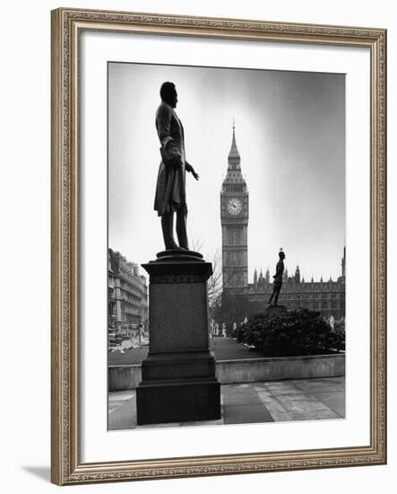 Legendary Clock Tower Big Ben Framed by Statues of Lord Palmerston and Jan Smuts-Alfred Eisenstaedt-Framed Photographic Print