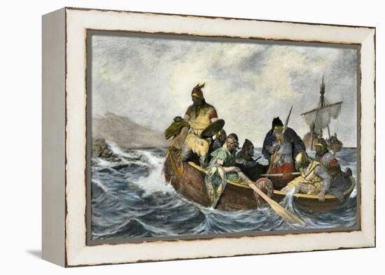 Leif Erikssen Off the Coast of Vineland in a Viking Landing Boat-null-Framed Premier Image Canvas