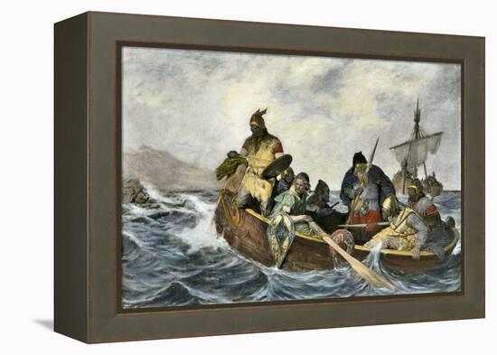 Leif Erikssen Off the Coast of Vineland in a Viking Landing Boat-null-Framed Premier Image Canvas