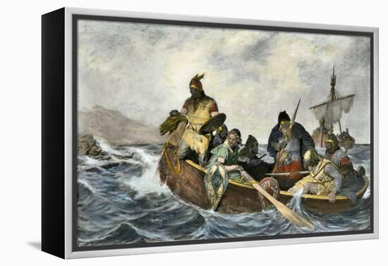 Leif Erikssen Off the Coast of Vineland in a Viking Landing Boat-null-Framed Premier Image Canvas