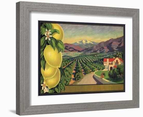 Lemons and Orchard - Citrus Crate Label-Lantern Press-Framed Art Print