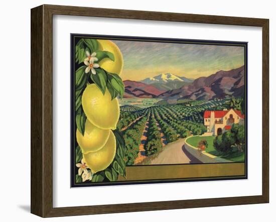 Lemons and Orchard - Citrus Crate Label-Lantern Press-Framed Art Print