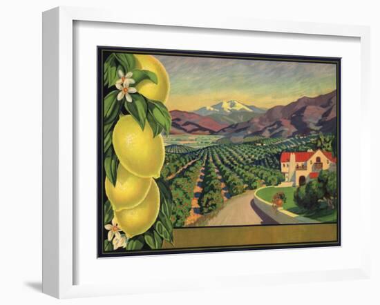 Lemons and Orchard - Citrus Crate Label-Lantern Press-Framed Art Print