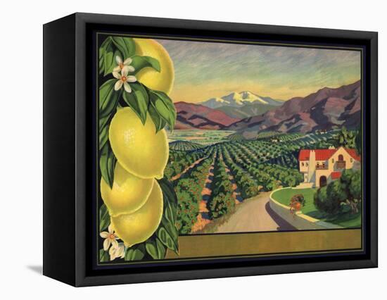 Lemons and Orchard - Citrus Crate Label-Lantern Press-Framed Stretched Canvas